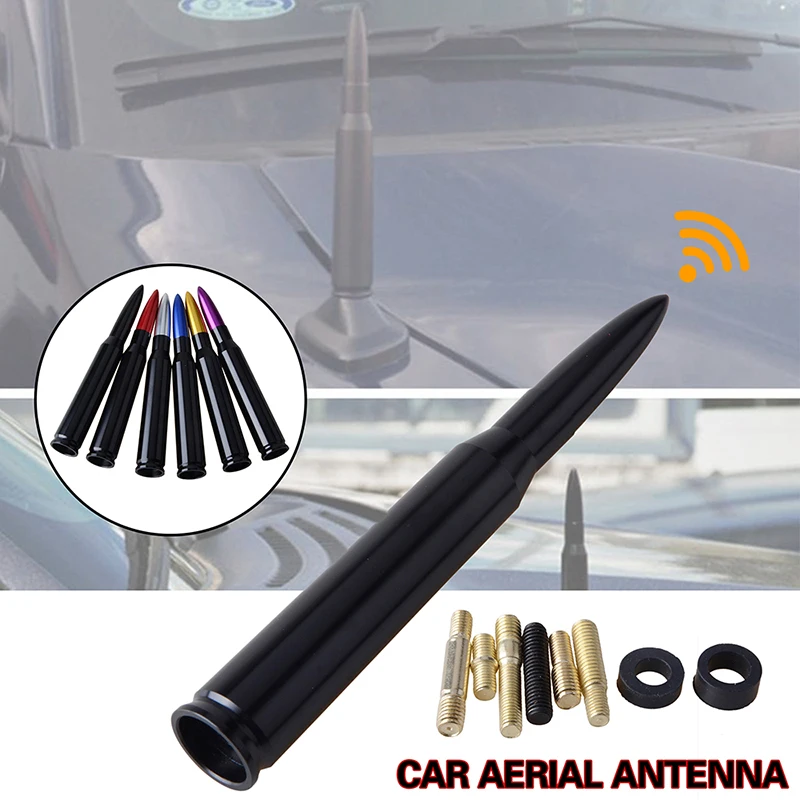 Universal Bullet Style Car Antenna Gloss Black Aluminum Alloy AM FM Radio Roof Aerial Replacement Kit With Multi Size Adapter Screws For Toyota Dodge Infiniti BMW Porsche Nissan Chevrolet Honda Mercedes Hyundai Kia Accessories