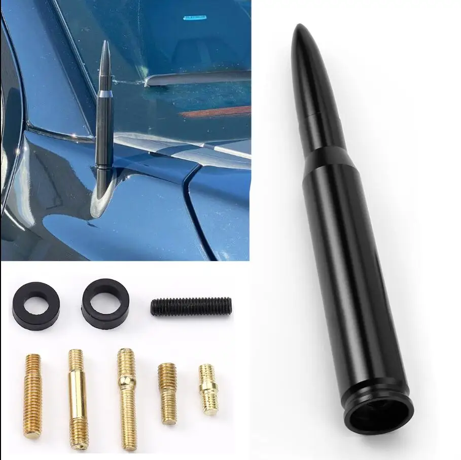 Universal Bullet Style Car Antenna Gloss Black Aluminum Alloy AM FM Radio Roof Aerial Replacement Kit With Multi Size Adapter Screws For Toyota Dodge Infiniti BMW Porsche Nissan Chevrolet Honda Mercedes Hyundai Kia Accessories