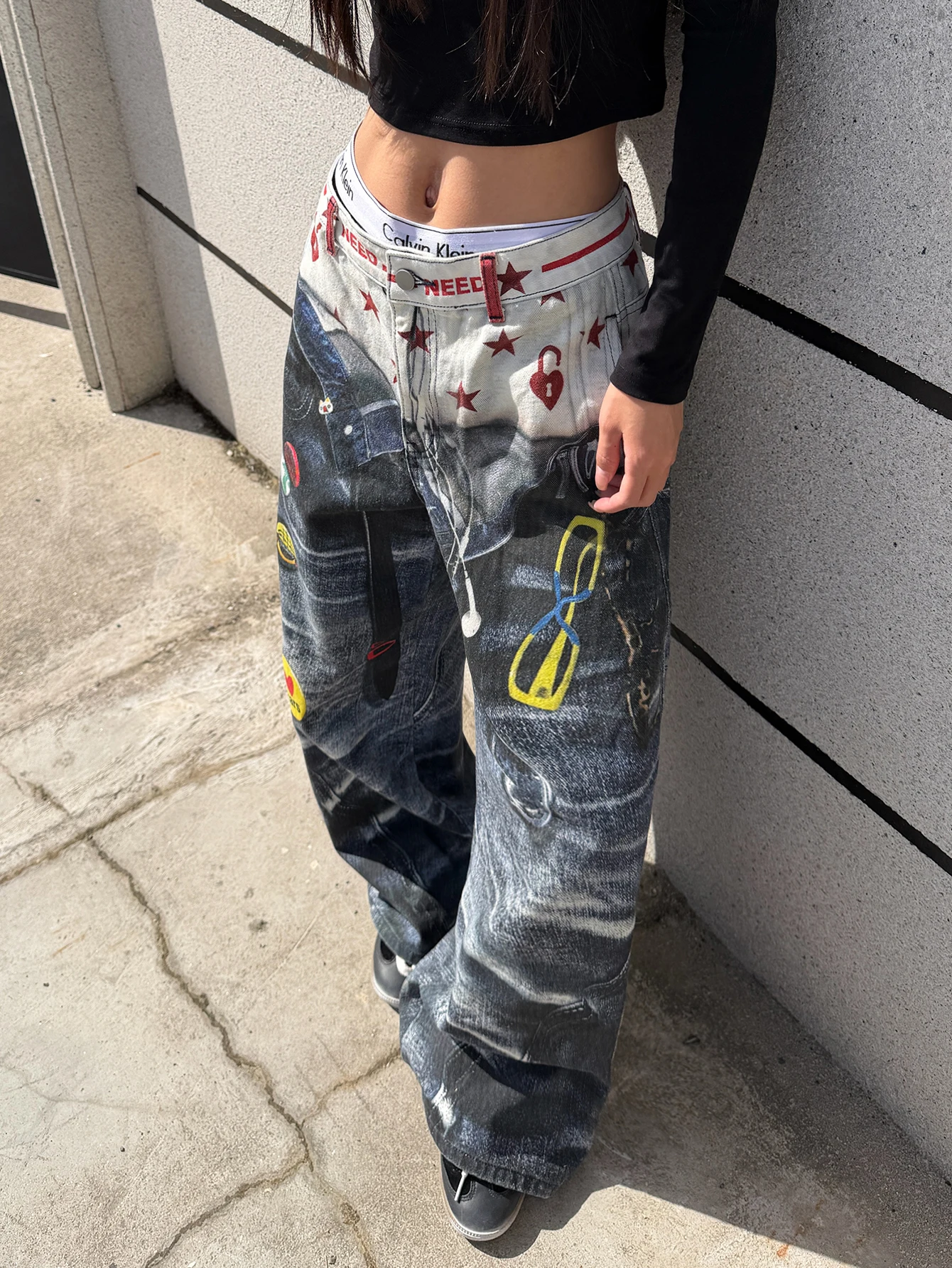 American High-Street 3D Print Design Blue Loose Jeans Y2K Street Trendy Fashion Versatile High-Waist Wide-Leg Pants