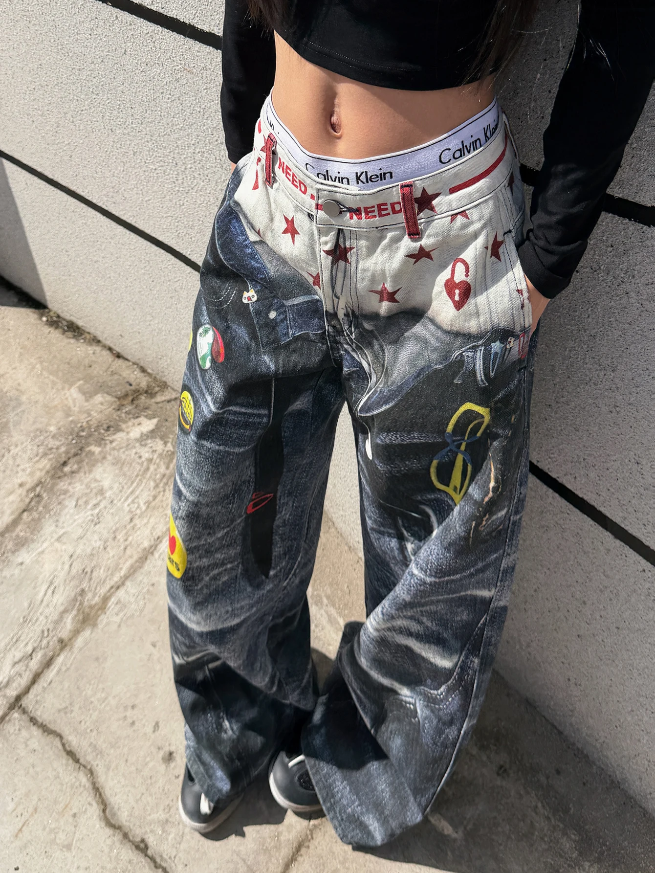 American High-Street 3D Print Design Blue Loose Jeans Y2K Street Trendy Fashion Versatile High-Waist Wide-Leg Pants