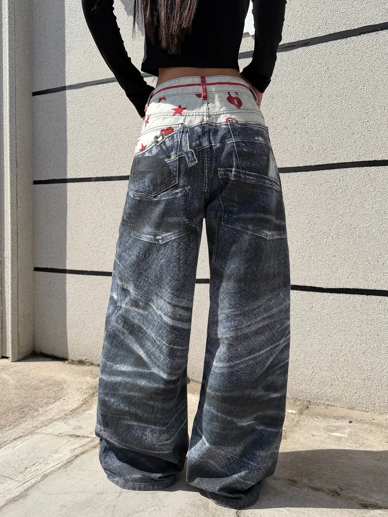 American High-Street 3D Print Design Blue Loose Jeans Y2K Street Trendy Fashion Versatile High-Waist Wide-Leg Pants