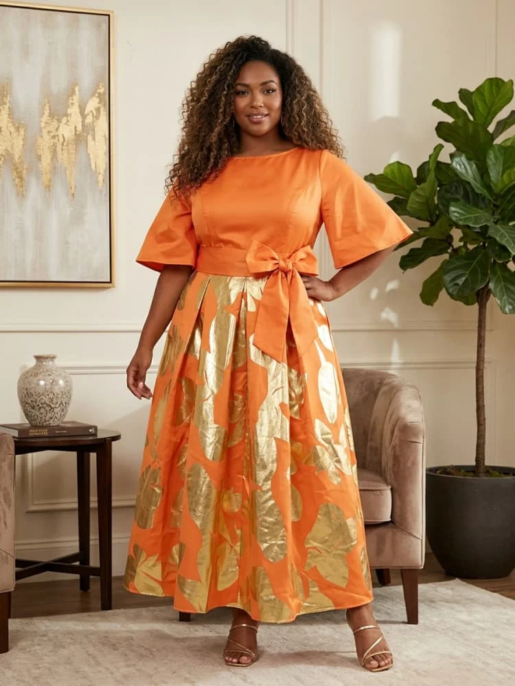 Plus Size Round Neck Flutter Sleeve Belted Waist Maxi Dress For Women Formal Gathering Event A Line Swing Dress