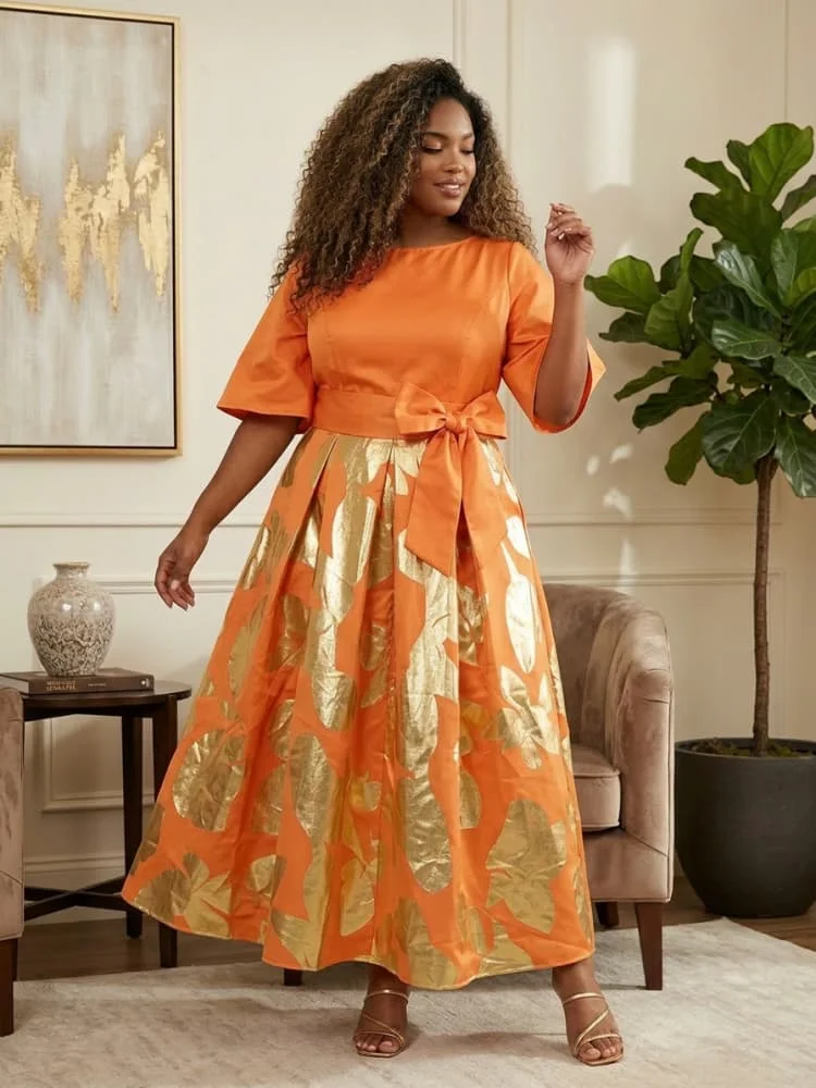 Plus Size Round Neck Flutter Sleeve Belted Waist Maxi Dress For Women Formal Gathering Event A Line Swing Dress