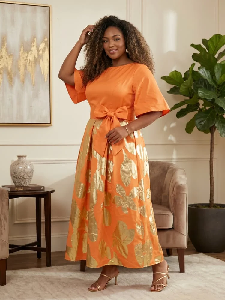 Plus Size Round Neck Flutter Sleeve Belted Waist Maxi Dress For Women Formal Gathering Event A Line Swing Dress