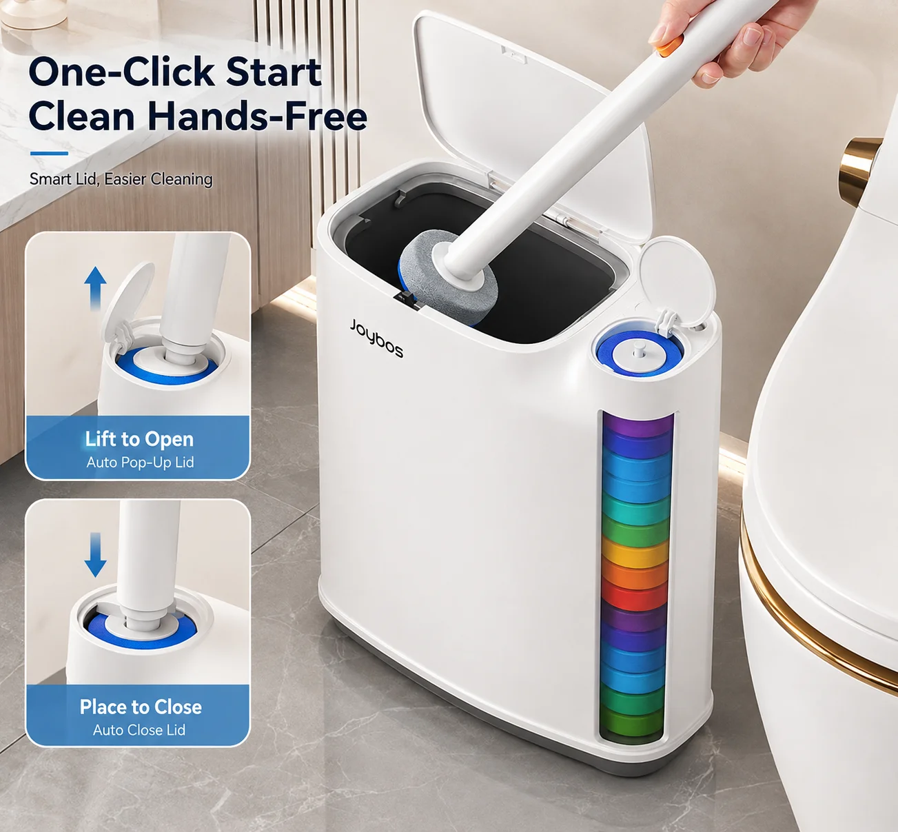 Joybos Trash Can And Toilet Brush Set, Bathroom Trash Can With 14 Disposable Toilet Brush, Includes Cleaning Brush Head, Toilet Brush Cleaner, Storage Bins With Lids, Narrow Design, Bathroom And Apartment Supplies, Halloween And Christmas Gifts
