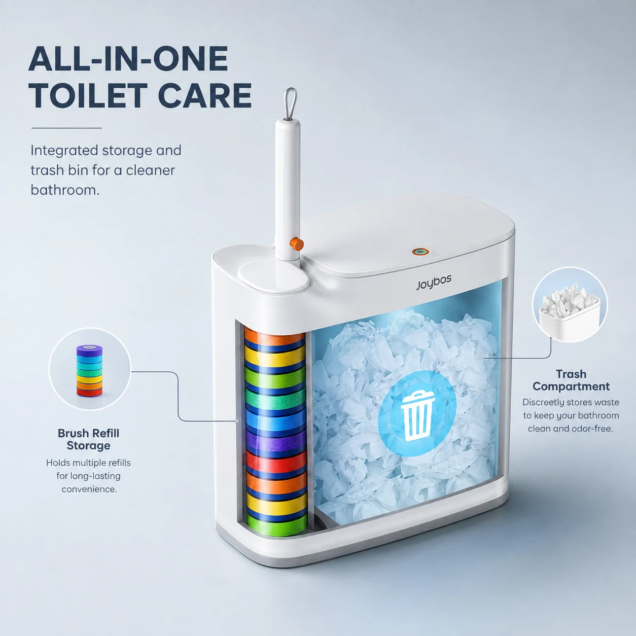 Joybos Trash Can And Toilet Brush Set, Bathroom Trash Can With 14 Disposable Toilet Brush, Includes Cleaning Brush Head, Toilet Brush Cleaner, Storage Bins With Lids, Narrow Design, Bathroom And Apartment Supplies, Halloween And Christmas Gifts