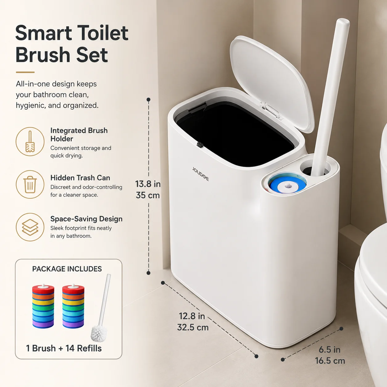 Joybos Trash Can And Toilet Brush Set, Bathroom Trash Can With 14 Disposable Toilet Brush, Includes Cleaning Brush Head, Toilet Brush Cleaner, Storage Bins With Lids, Narrow Design, Bathroom And Apartment Supplies, Halloween And Christmas Gifts