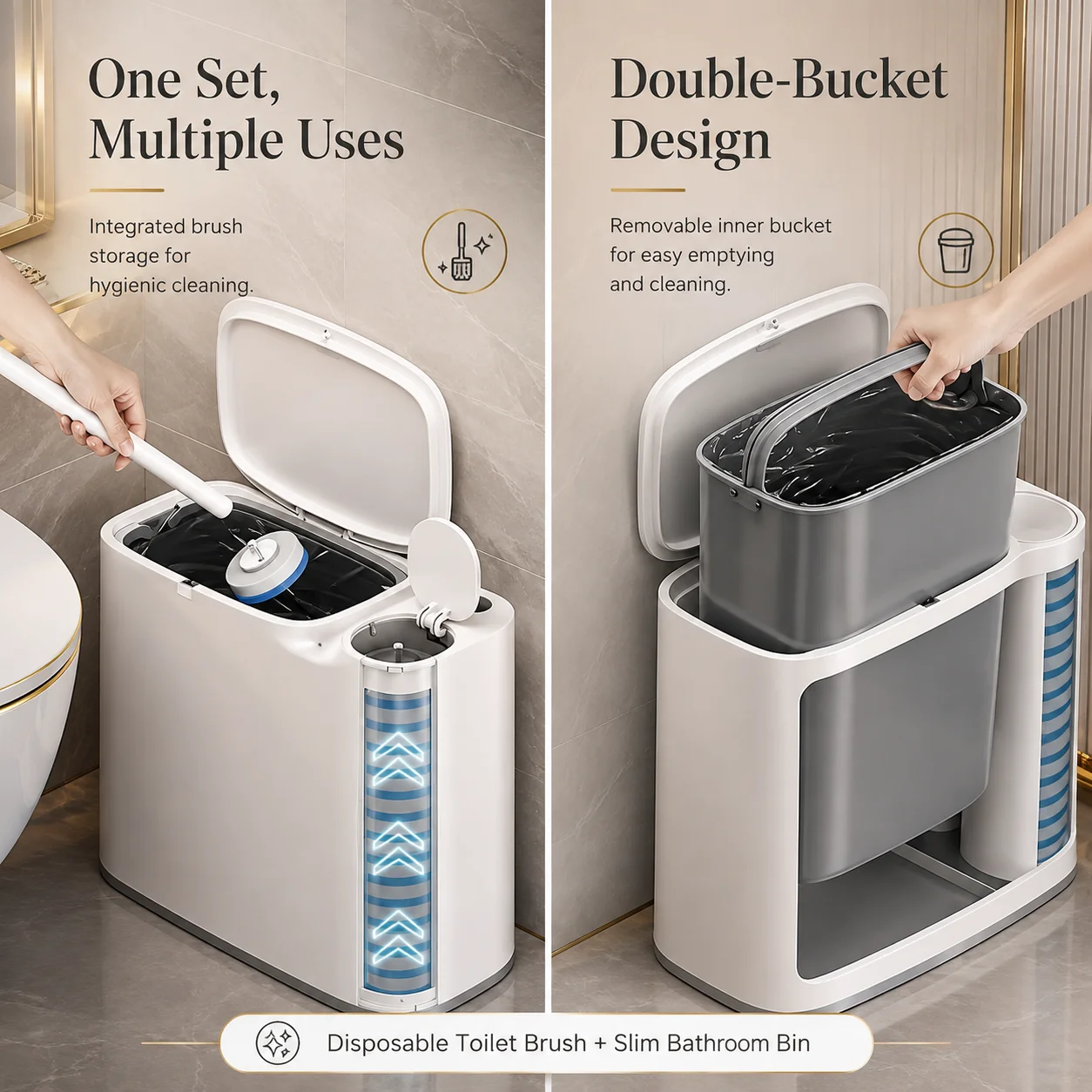 Joybos Trash Can And Toilet Brush Set, Bathroom Trash Can With 14 Disposable Toilet Brush, Includes Cleaning Brush Head, Toilet Brush Cleaner, Storage Bins With Lids, Narrow Design, Bathroom And Apartment Supplies, Halloween And Christmas Gifts
