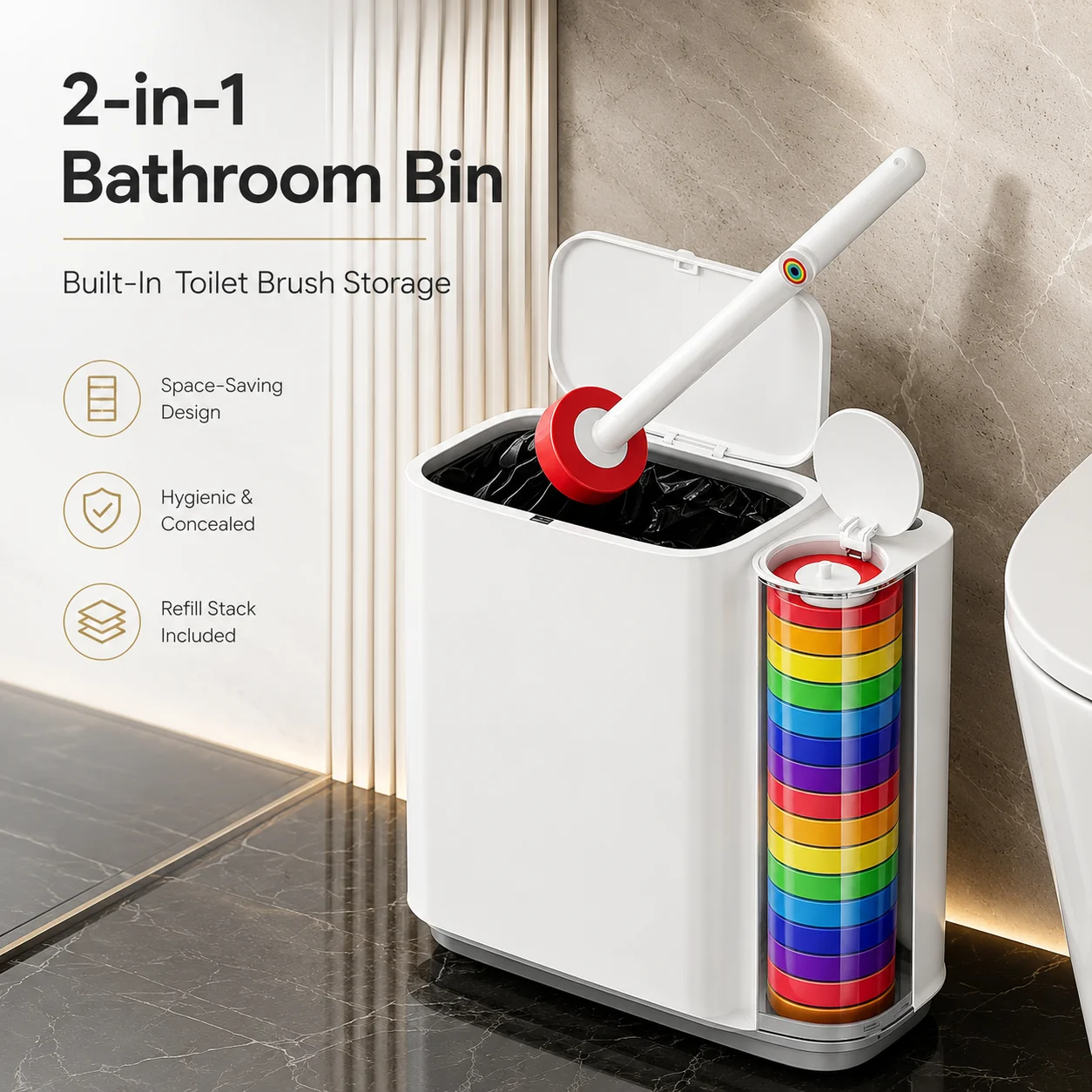 Joybos Trash Can And Toilet Brush Set, Bathroom Trash Can With 14 Disposable Toilet Brush, Includes Cleaning Brush Head, Toilet Brush Cleaner, Storage Bins With Lids, Narrow Design, Bathroom And Apartment Supplies, Halloween And Christmas Gifts