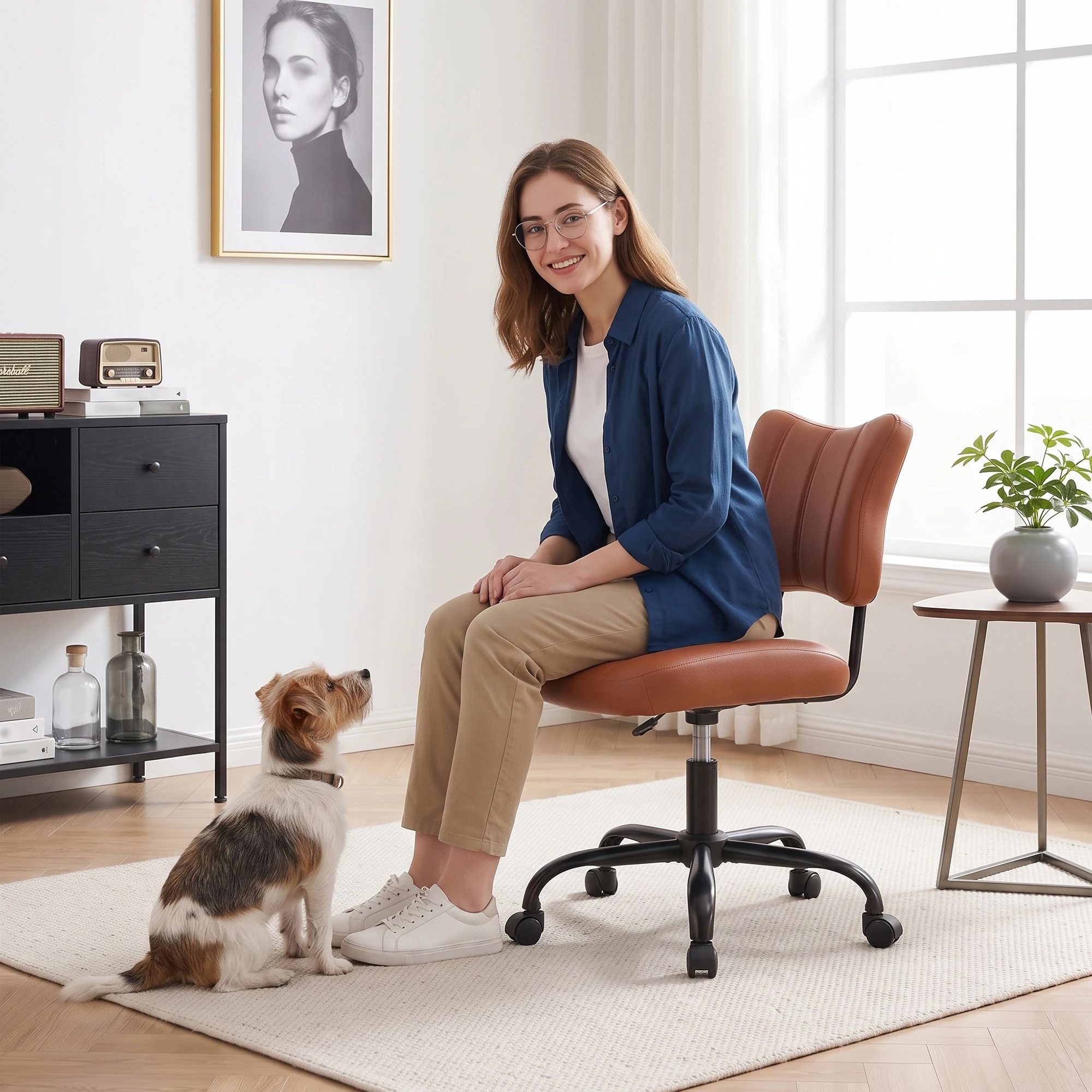 Ergonomic Butterfly Stitched Backrest Office Chair PU Leather Comfortable 360° Swivel Height Adjustable Task Chair with Silent Casters for Home Workspace
