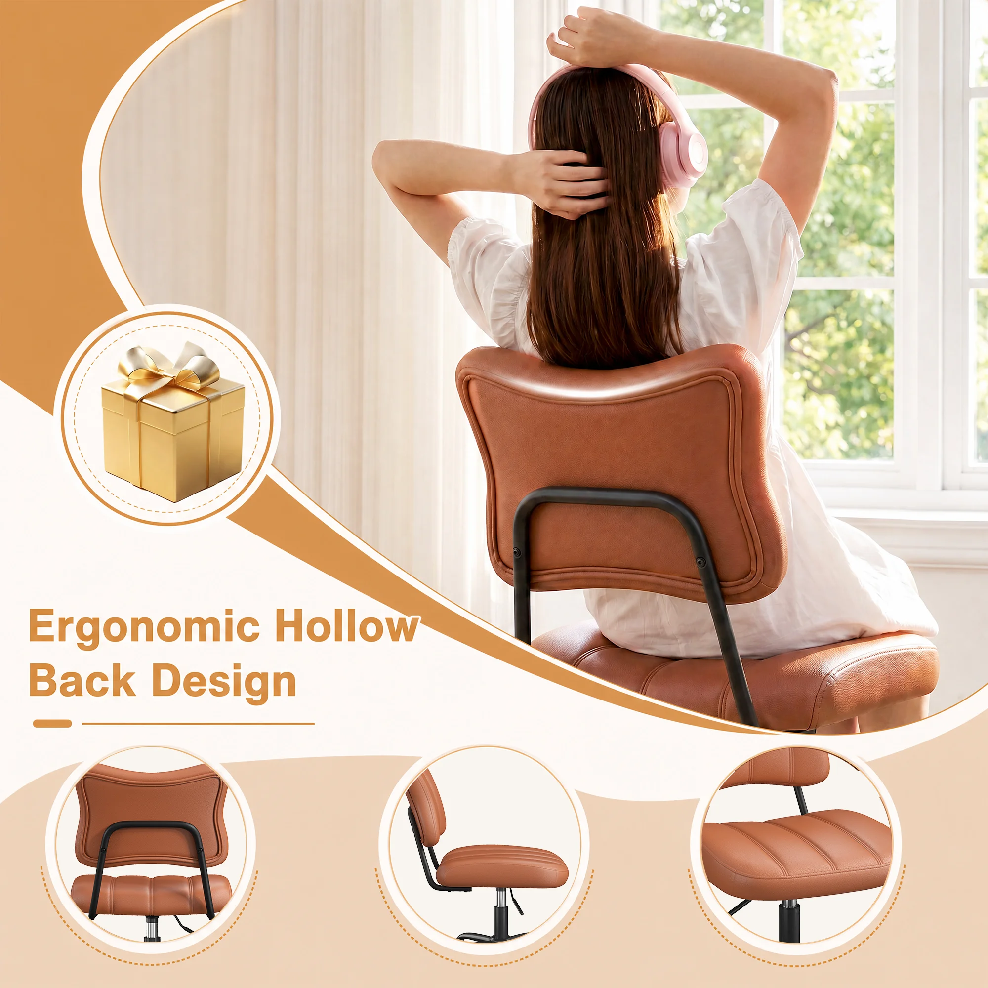 Ergonomic Butterfly Stitched Backrest Office Chair PU Leather Comfortable 360° Swivel Height Adjustable Task Chair with Silent Casters for Home Workspace