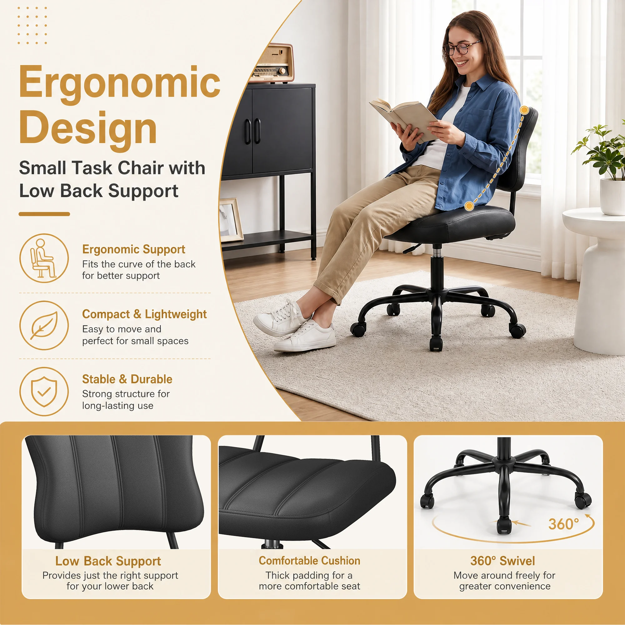 Ergonomic Butterfly Stitched Backrest Office Chair PU Leather Comfortable 360° Swivel Height Adjustable Task Chair with Silent Casters for Home Workspace