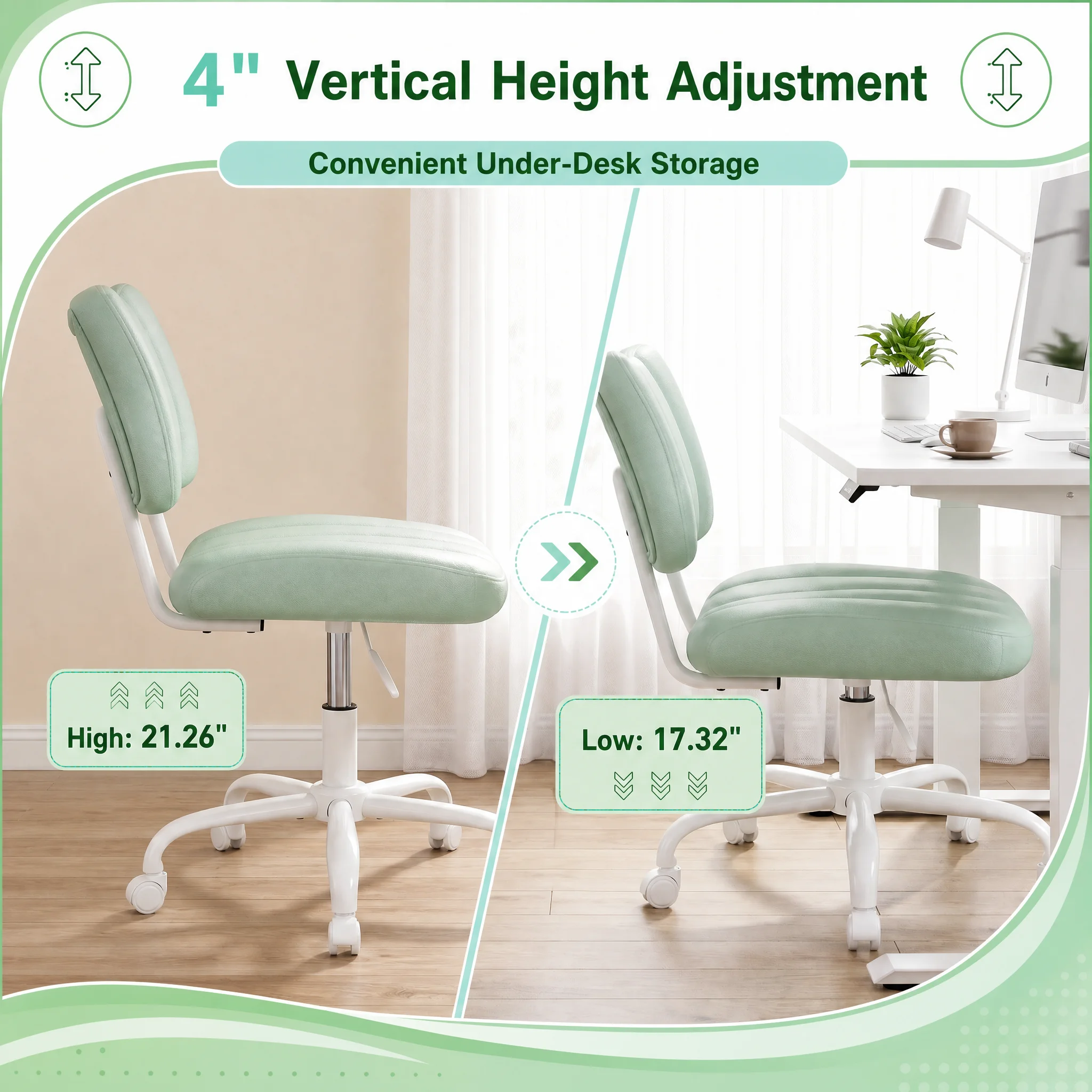 Ergonomic Butterfly Stitched Backrest Office Chair PU Leather Comfortable 360° Swivel Height Adjustable Task Chair with Silent Casters for Home Workspace