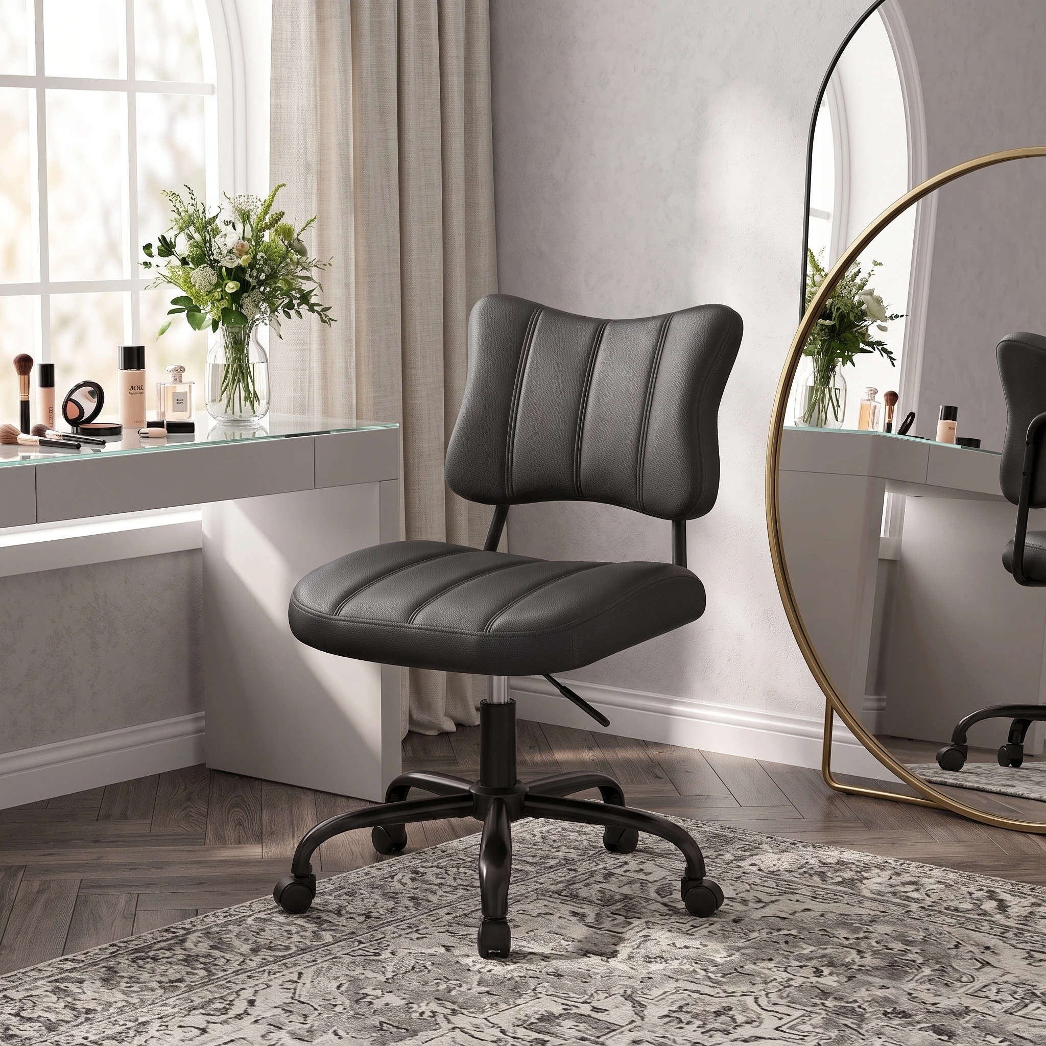 Ergonomic Butterfly Stitched Backrest Office Chair PU Leather Comfortable 360° Swivel Height Adjustable Task Chair with Silent Casters for Home Workspace