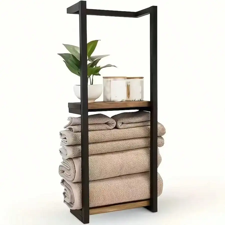 2‑Tier Wall‑Mounted Bathroom Towel Rack with Frame, Modern Metal & Wood Towel & Toiletry Storage Organizer, Elegant Wall Hanging Rack for Bathroom