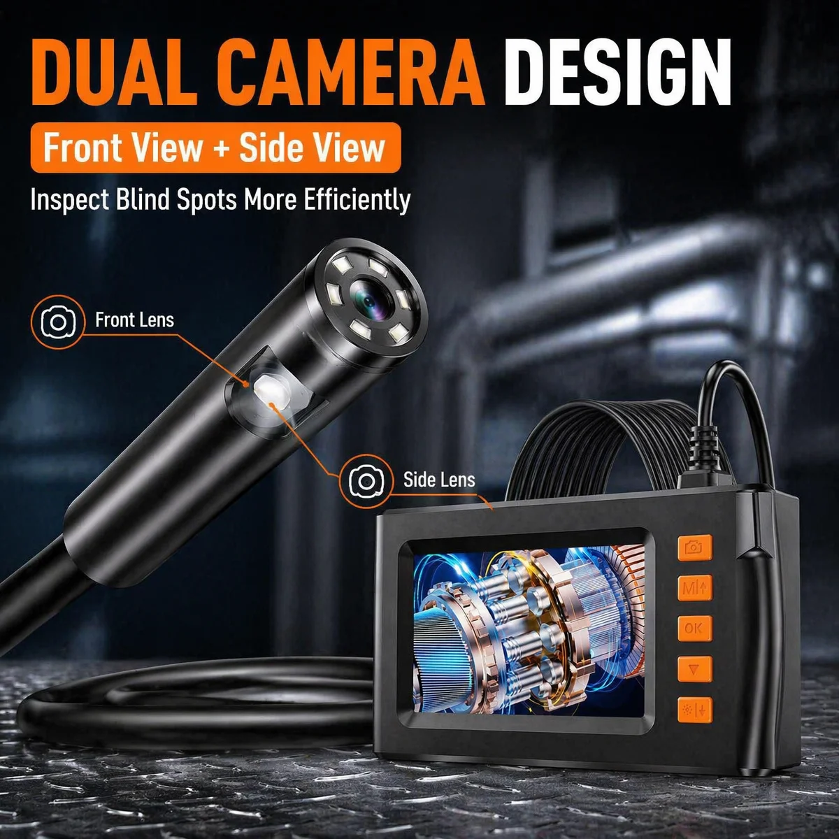 4.3‑Inch Industrial Endoscope Camera, 1080P HD Dual‑Lens Borescope with Adjustable LED Lights, Ideal for Auto Engine, Pipeline & Drain Inspection
