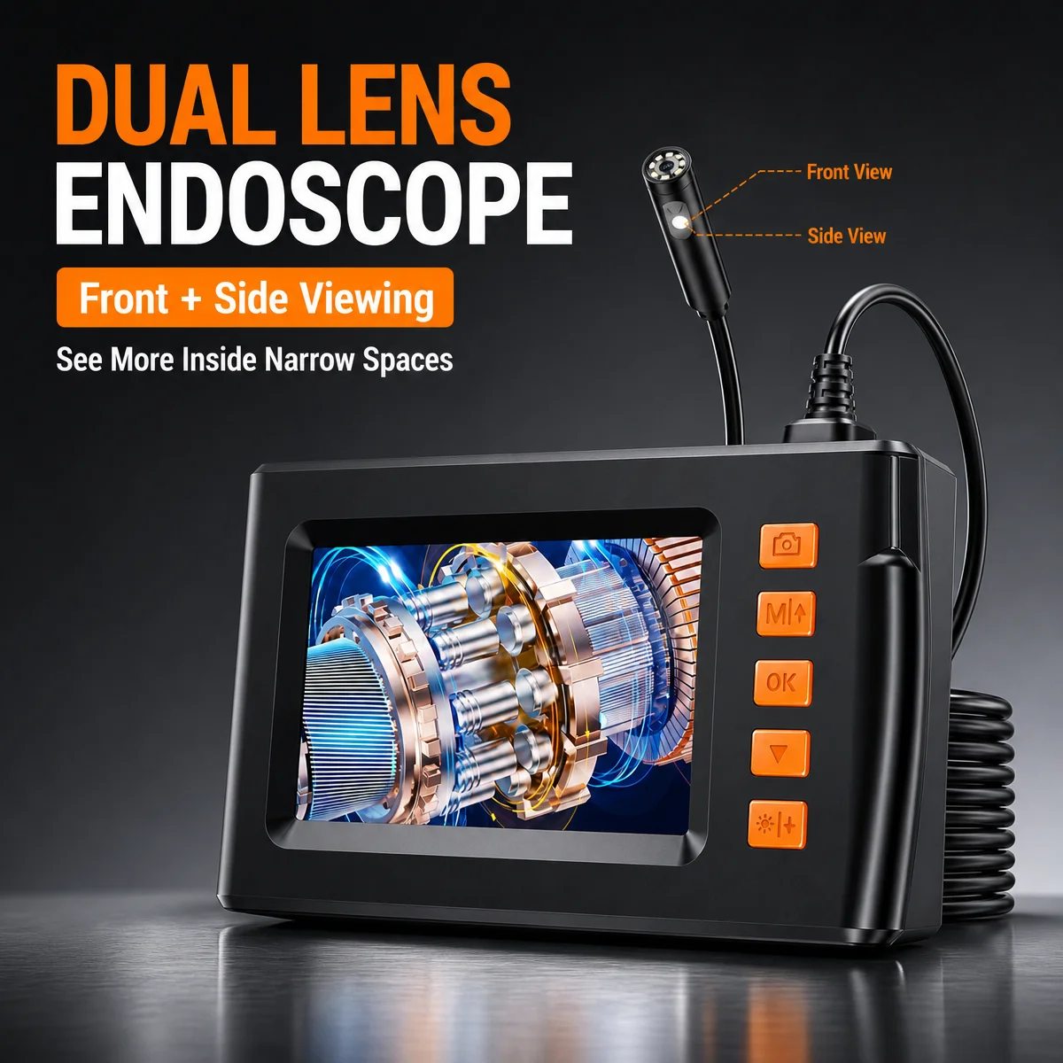 4.3‑Inch Industrial Endoscope Camera, 1080P HD Dual‑Lens Borescope with Adjustable LED Lights, Ideal for Auto Engine, Pipeline & Drain Inspection