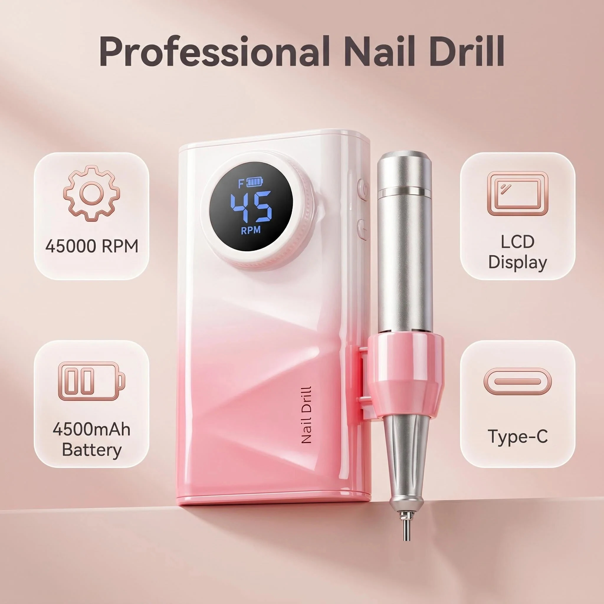 Electric Nail Drill Machine, 45000RPM Professional Nail File Cordless Rechargeable Nail Efile Battery 4500Mah For Acrylic Gel Nails, Manicure Pedicure Polishing Shape Tools for Salon Home Use- Nail Drill For All Festvial Gifts