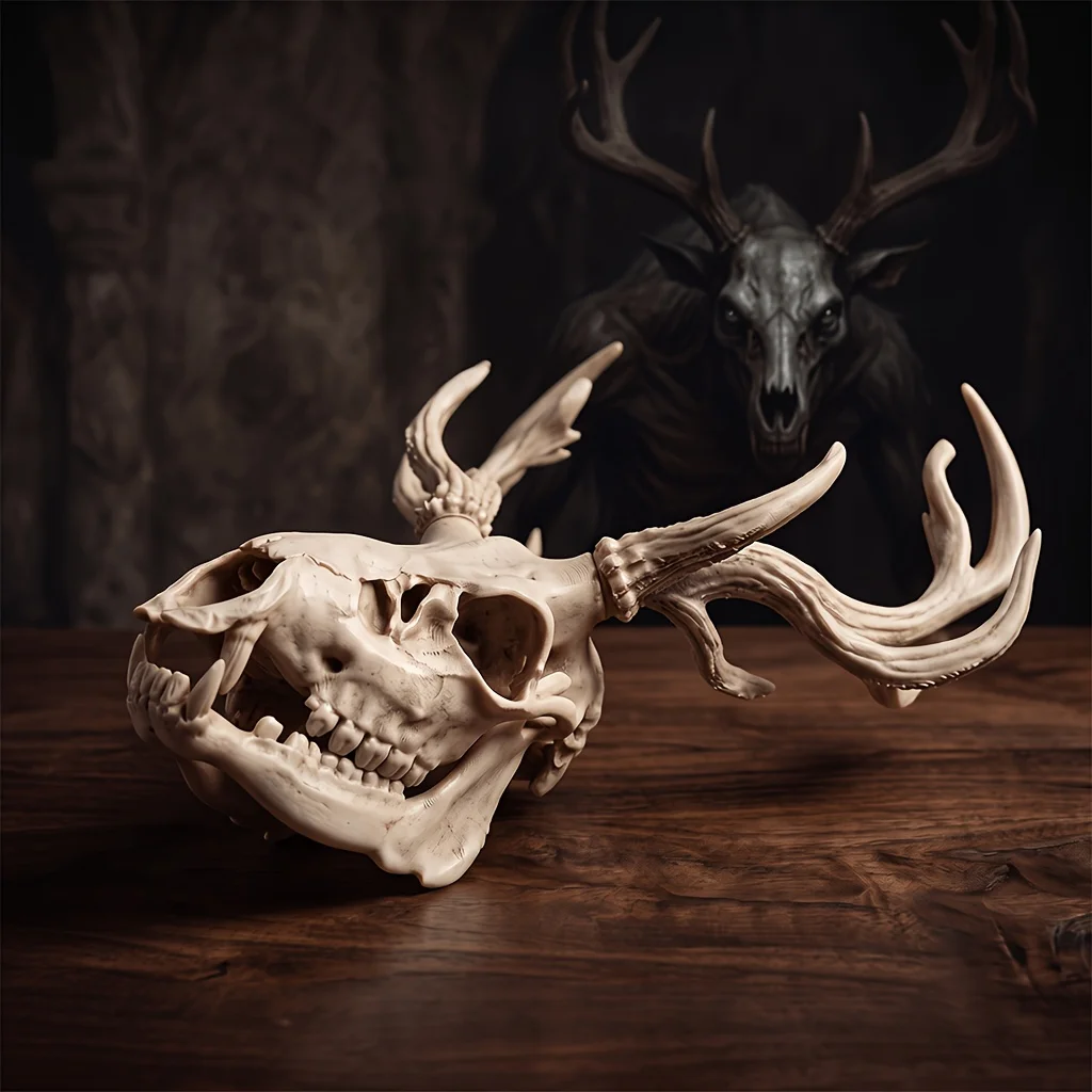 Spooky Halloween Decoration Mythological Beast & Real Elk Skull 2-Piece Statue Ornament Set, High Precision 3D Printed Folk Art Collectible, Perfect for Collection for Gothic Study Desk Decor, Quirky Humorous Holiday Gift for Skull Fans