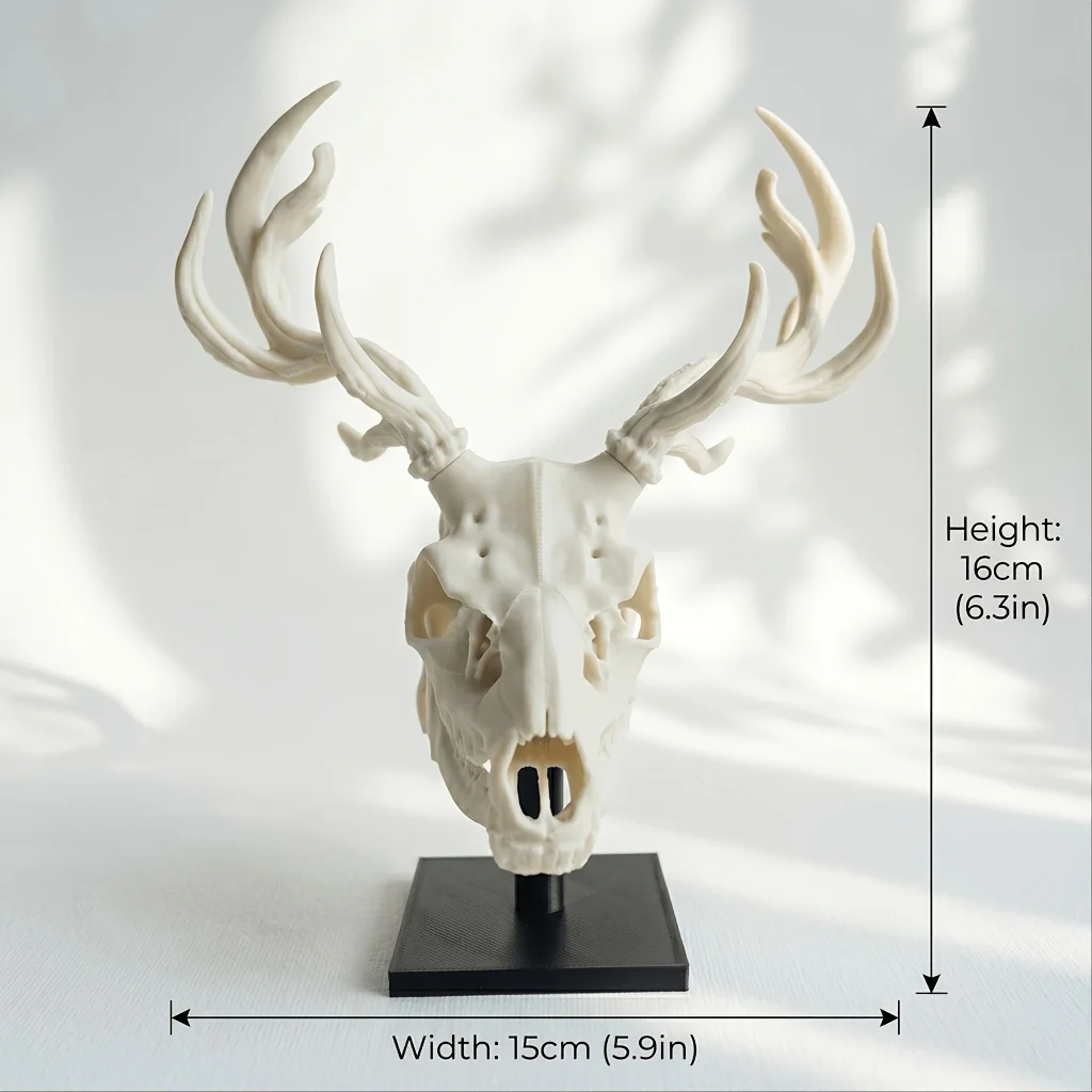 Spooky Halloween Decoration Mythological Beast & Real Elk Skull 2-Piece Statue Ornament Set, High Precision 3D Printed Folk Art Collectible, Perfect for Collection for Gothic Study Desk Decor, Quirky Humorous Holiday Gift for Skull Fans