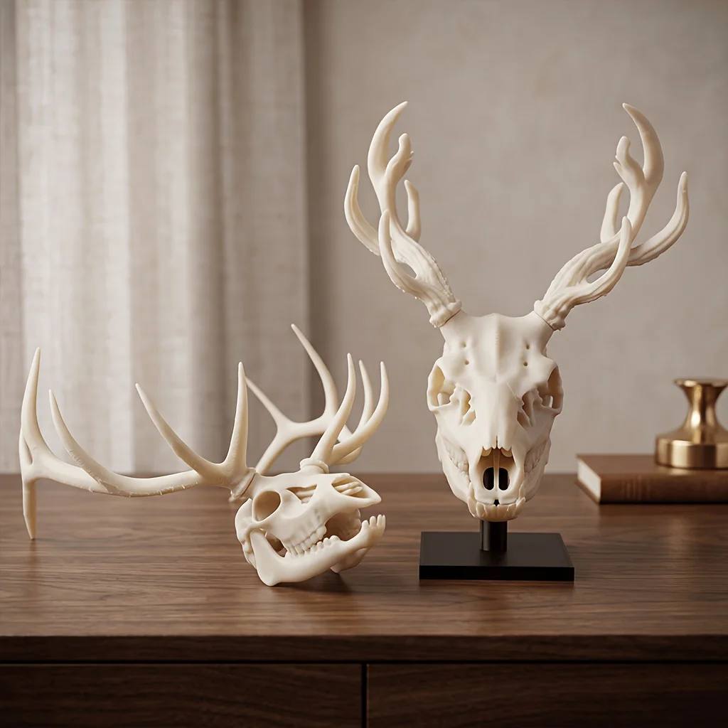 Spooky Halloween Decoration Mythological Beast & Real Elk Skull 2-Piece Statue Ornament Set, High Precision 3D Printed Folk Art Collectible, Perfect for Collection for Gothic Study Desk Decor, Quirky Humorous Holiday Gift for Skull Fans