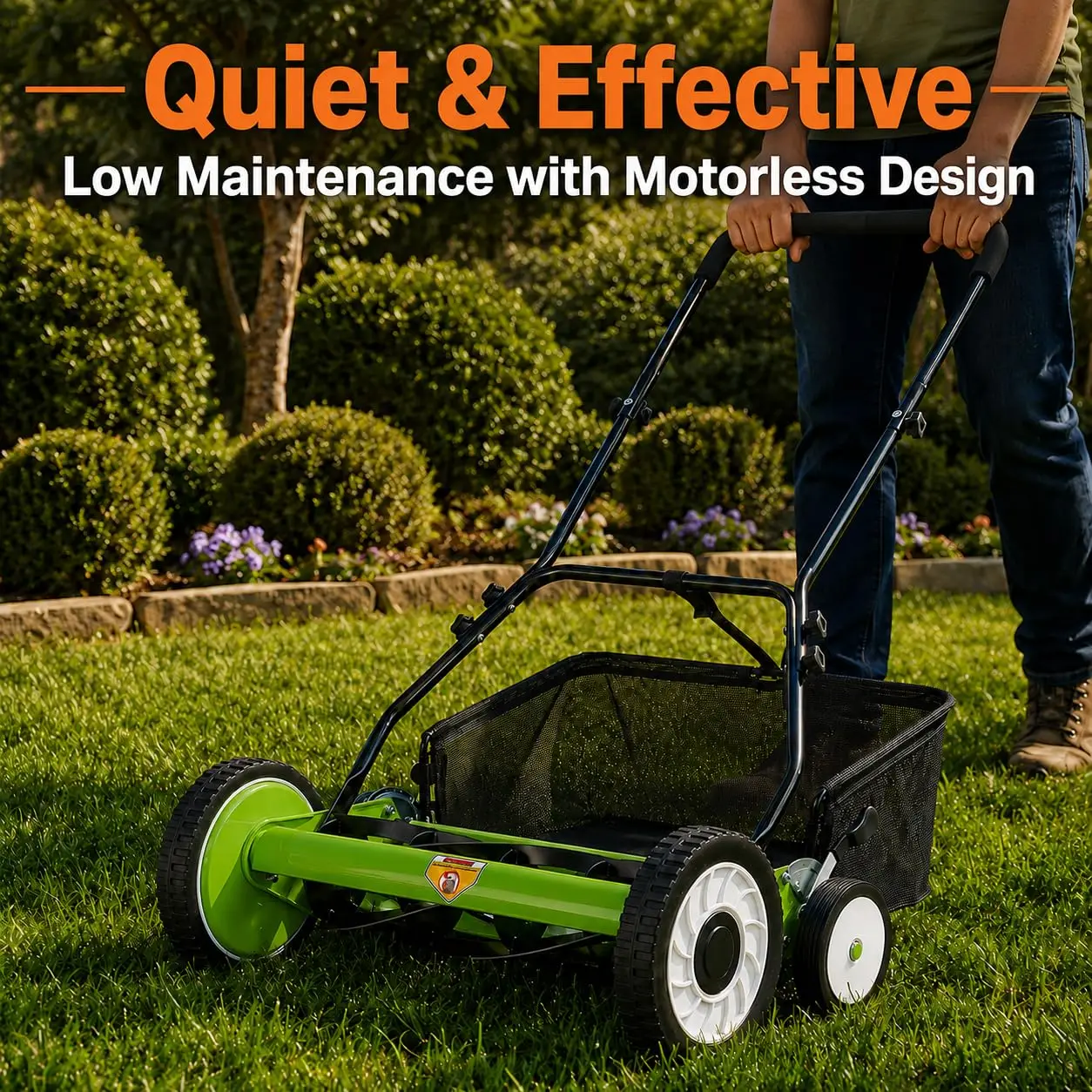 18 Inch Push Reel Lawn Mower, 4 Wheel Manual Grass Cutter With 5 Blade Carbon Steel System, Adjustable Height For Yard Garden
