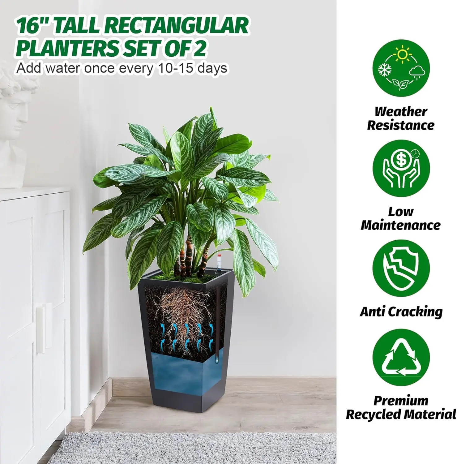 2 Pack 16in Tall Planters with Water Level Monitor & Drainage Holes, 16 Inch Tall Flower Pots for Indoor Outdoor, Modern Large Garden Plant Pots for Patio