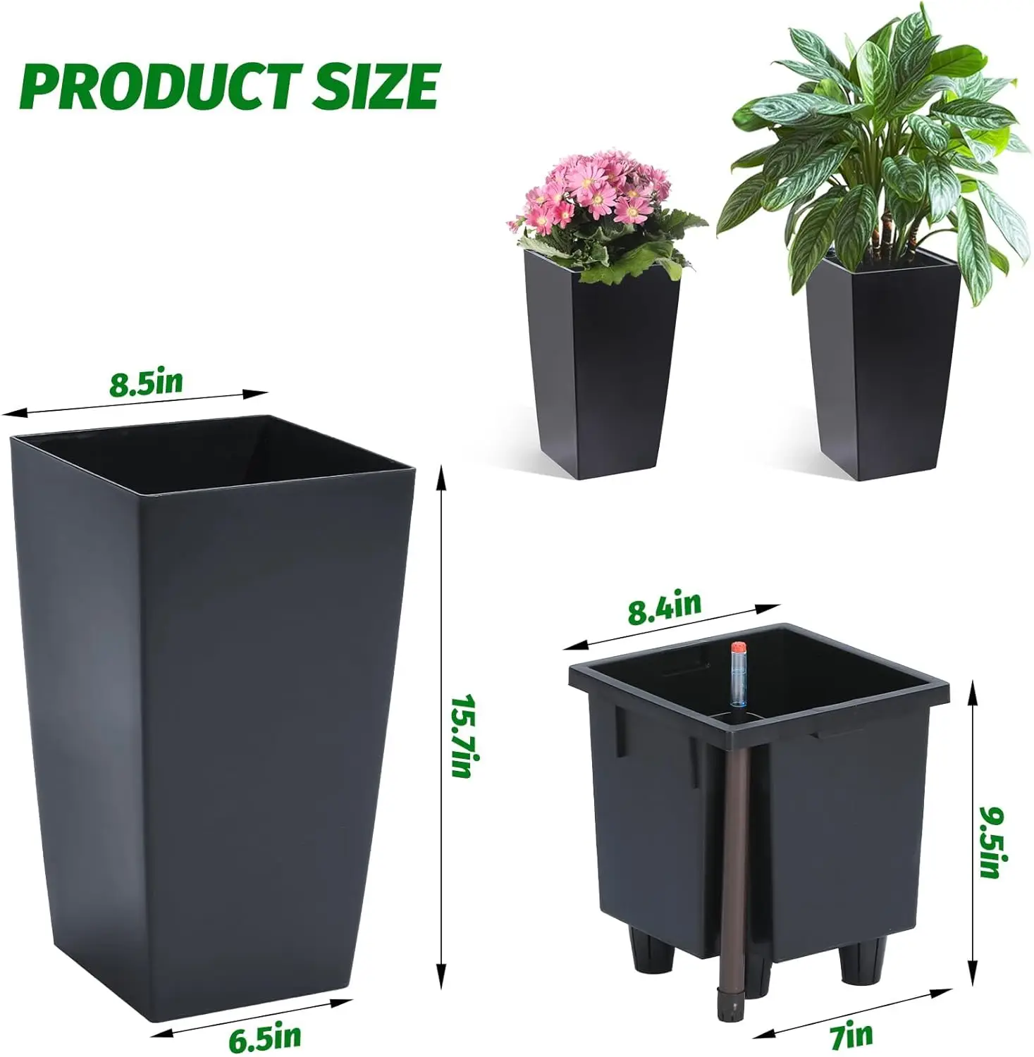 2 Pack 16in Tall Planters with Water Level Monitor & Drainage Holes, 16 Inch Tall Flower Pots for Indoor Outdoor, Modern Large Garden Plant Pots for Patio