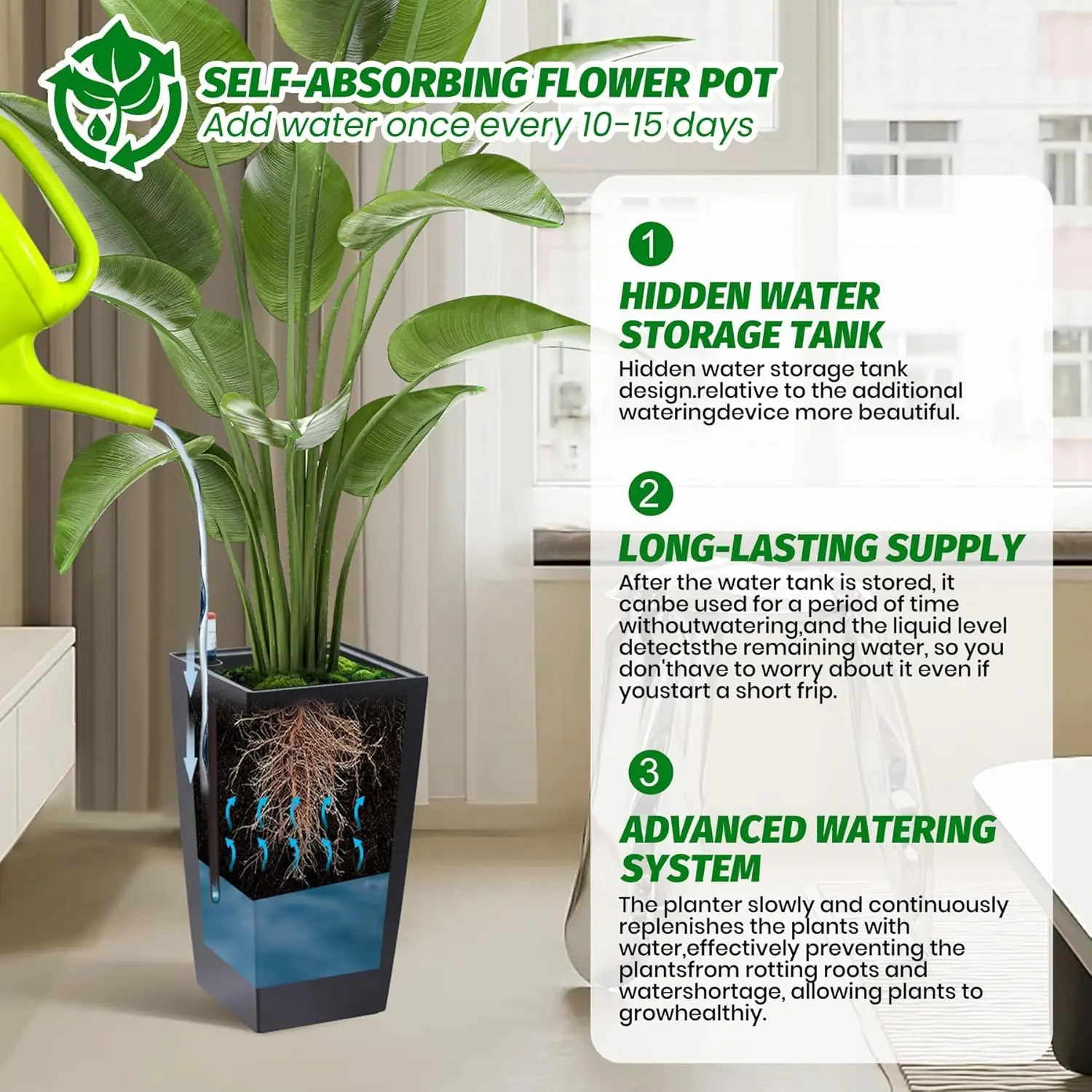 2 Pack 16in Tall Planters with Water Level Monitor & Drainage Holes, 16 Inch Tall Flower Pots for Indoor Outdoor, Modern Large Garden Plant Pots for Patio