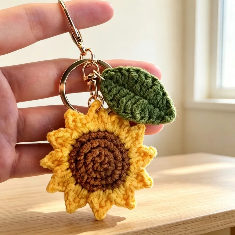 Viral Aesthetic Hand Crochet Sunflower With Leaf Keychain, Knitted Yarn Flower Bag Charm Pendant, Cute Handmade Accessory Gift