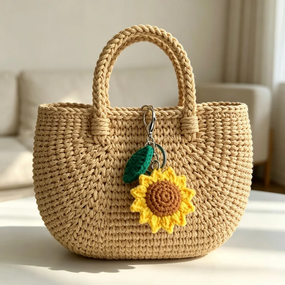 Viral Aesthetic Hand Crochet Sunflower With Leaf Keychain, Knitted Yarn Flower Bag Charm Pendant, Cute Handmade Accessory Gift