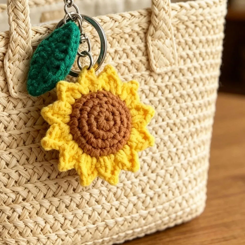 Viral Aesthetic Hand Crochet Sunflower With Leaf Keychain, Knitted Yarn Flower Bag Charm Pendant, Cute Handmade Accessory Gift