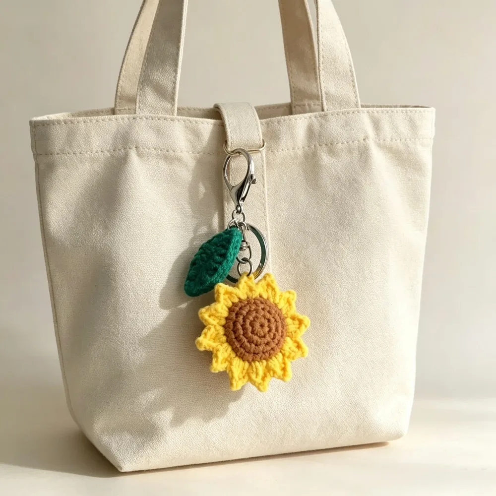 Viral Aesthetic Hand Crochet Sunflower With Leaf Keychain, Knitted Yarn Flower Bag Charm Pendant, Cute Handmade Accessory Gift