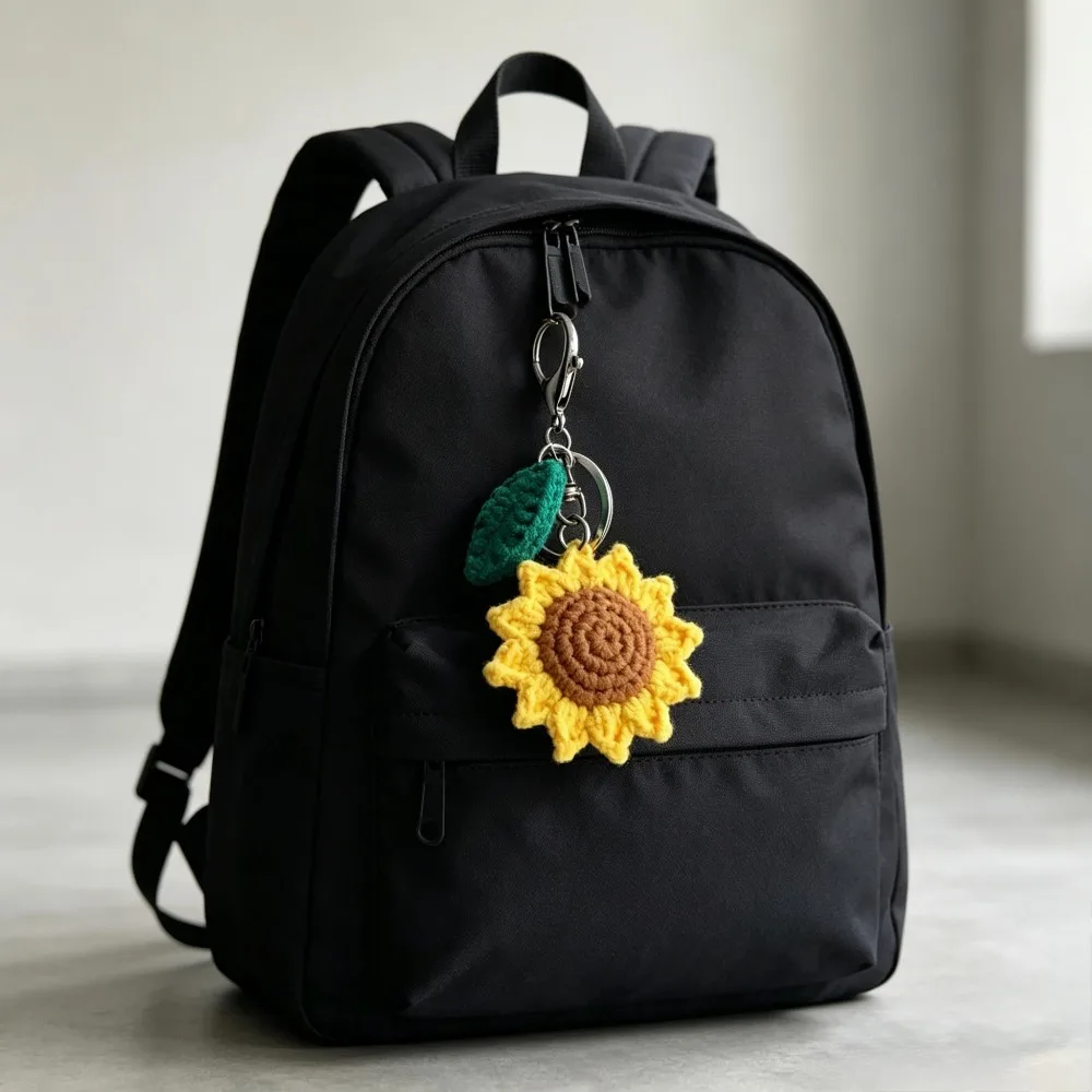 Viral Aesthetic Hand Crochet Sunflower With Leaf Keychain, Knitted Yarn Flower Bag Charm Pendant, Cute Handmade Accessory Gift
