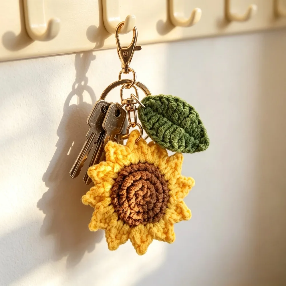 Viral Aesthetic Hand Crochet Sunflower With Leaf Keychain, Knitted Yarn Flower Bag Charm Pendant, Cute Handmade Accessory Gift