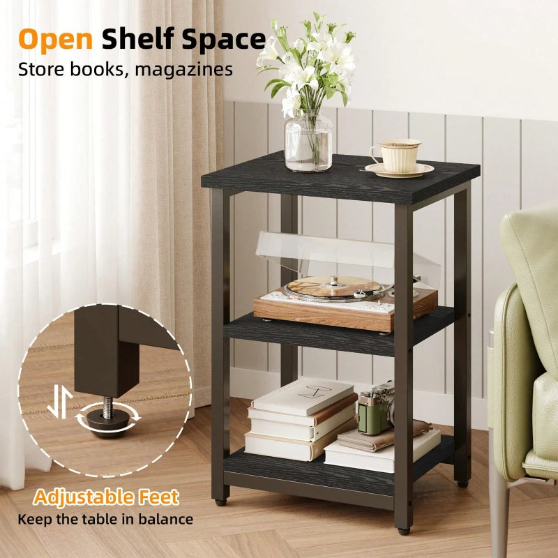 3 Tier Nightstand Black Wood Grain Slim Bedside Table Space Saving for Bedroom Storage