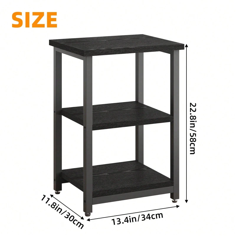 3 Tier Nightstand Black Wood Grain Slim Bedside Table Space Saving for Bedroom Storage