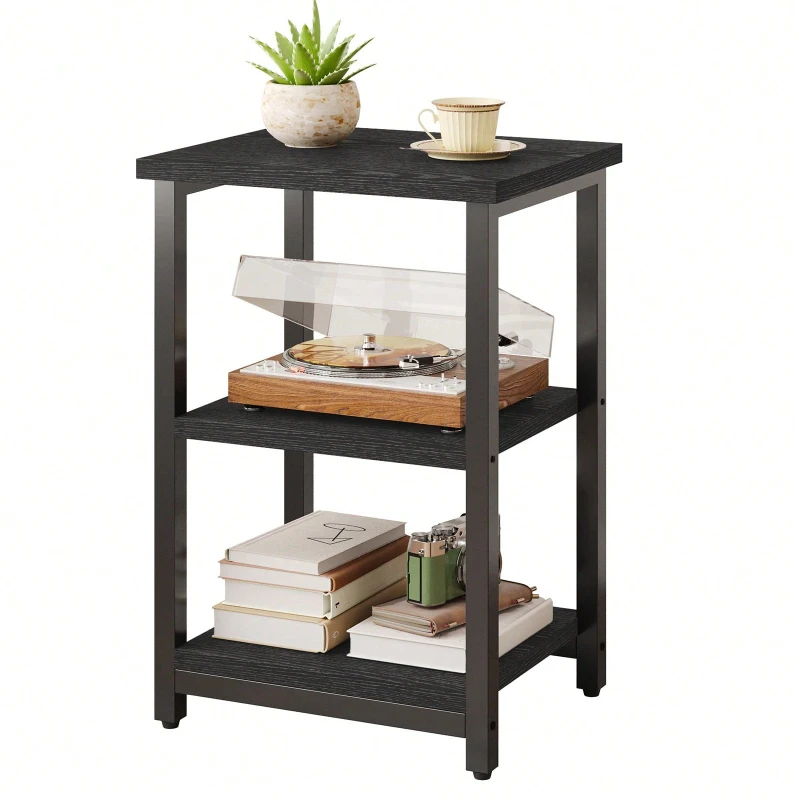 3 Tier Nightstand Black Wood Grain Slim Bedside Table Space Saving for Bedroom Storage