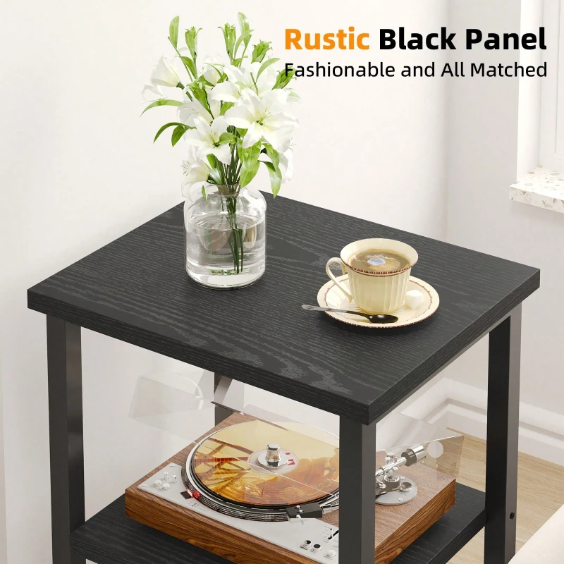 3 Tier Nightstand Black Wood Grain Slim Bedside Table Space Saving for Bedroom Storage