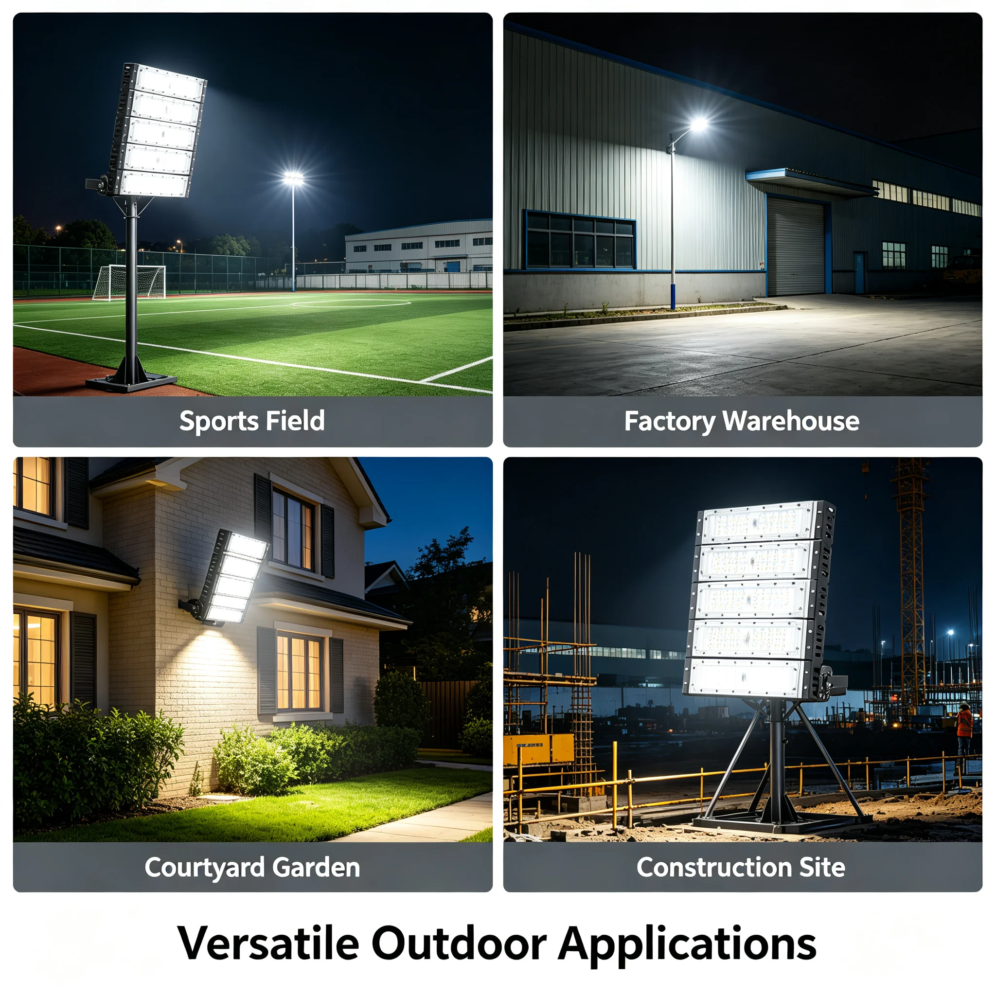 Outdoor LED Flood Light 300W IP67 Waterproof, 180° Adjustable Stadium Lighting with ADC12 Aluminum Housing, Wide Voltage 100-277V for Sports Field Factory Garden Courtyard, Silver/Black
