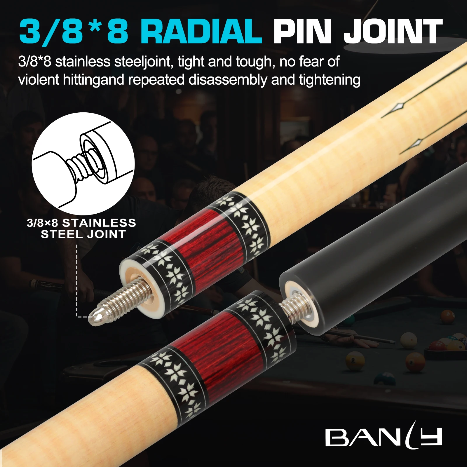 Banly Professional Maple Pool Cue Stick 58", Low Deflection Billiard Cue with 12.5mm Tip, 3/8×8 Joint, Pool Stick for Adults, Cue Case, Glove, Chalk & Towel Included- Crimson Geo