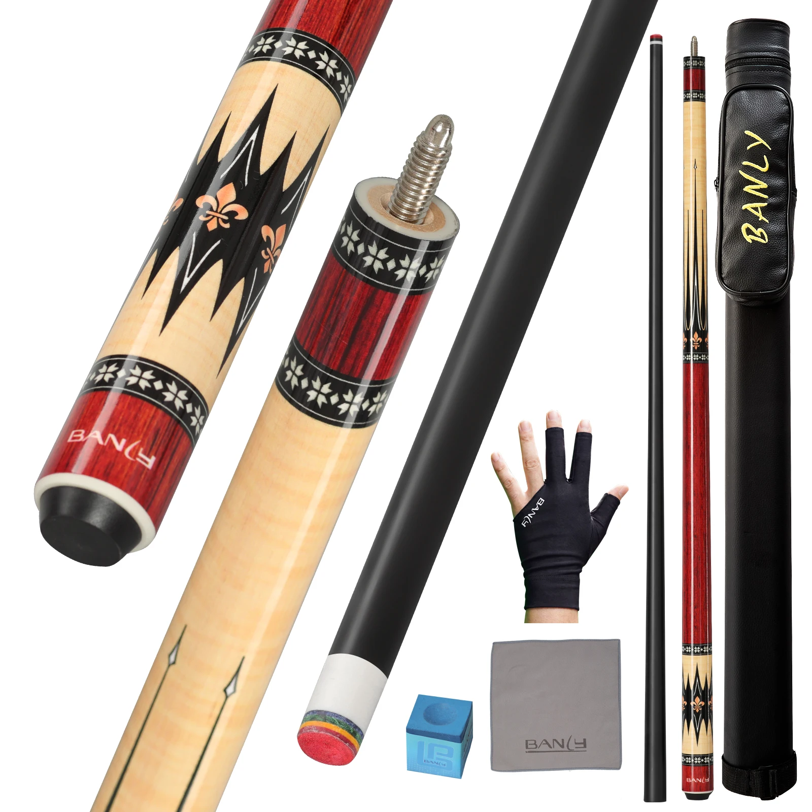 Banly Professional Maple Pool Cue Stick 58", Low Deflection Billiard Cue with 12.5mm Tip, 3/8×8 Joint, Pool Stick for Adults, Cue Case, Glove, Chalk & Towel Included- Crimson Geo