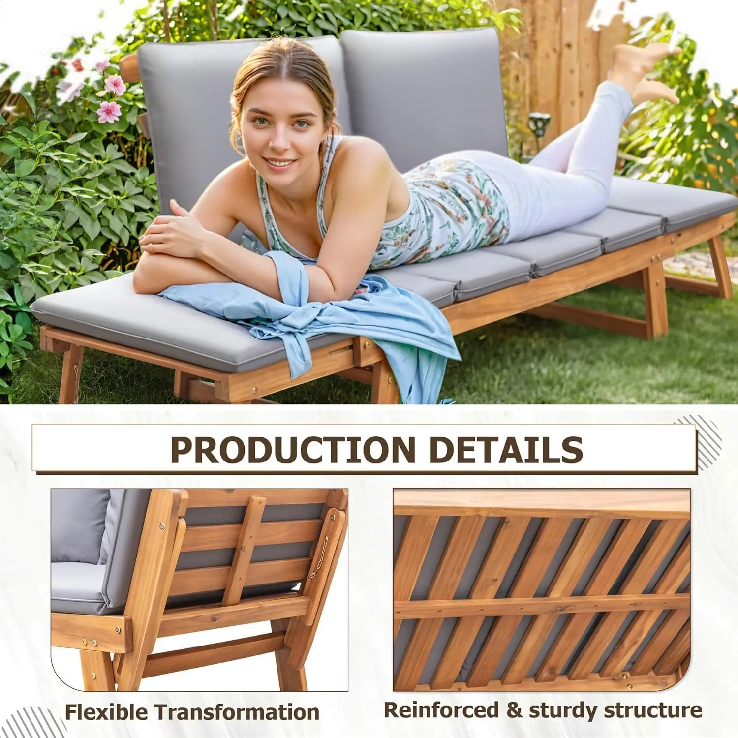 Convertible Acacia Wood Outdoor Sofa Loveseat 3-Position Adjustable Armrests Daybed 2.75 In Padded Cushions Pillows Patio Porch Balcony Pool Furniture