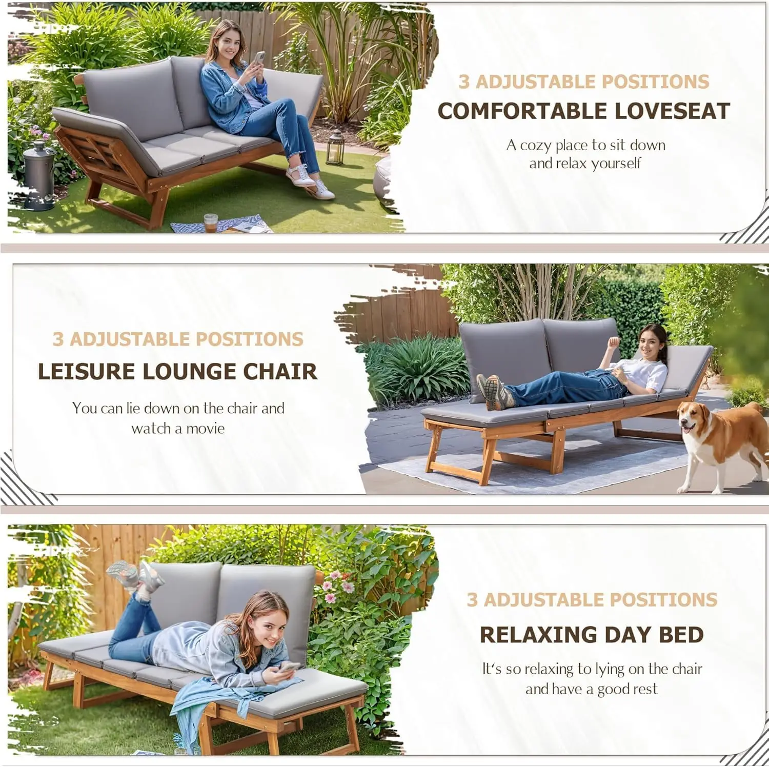 Convertible Acacia Wood Outdoor Sofa Loveseat 3-Position Adjustable Armrests Daybed 2.75 In Padded Cushions Pillows Patio Porch Balcony Pool Furniture