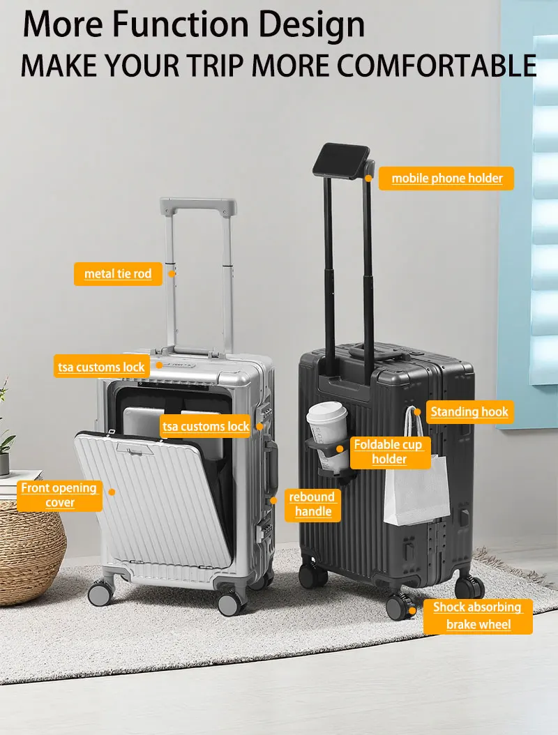 BunyFly Aluminum Frame Boarding Laptop Trolley Case 20 Inch Front Opening Suitcase Cabin Luggage Bag