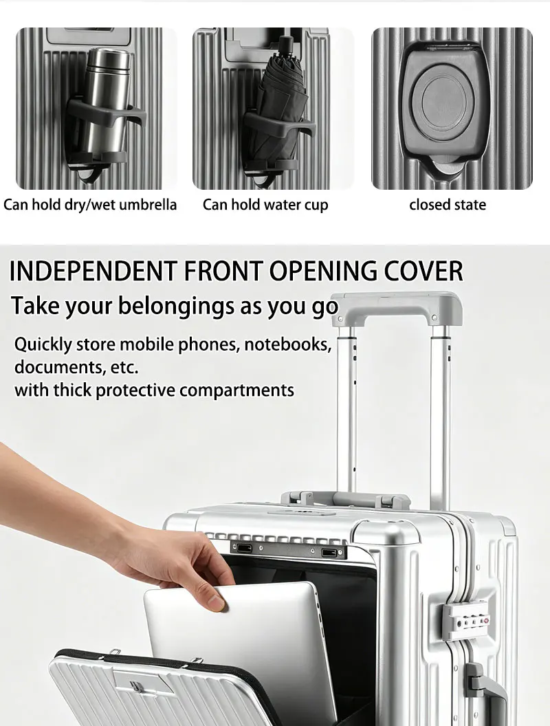 BunyFly Aluminum Frame Boarding Laptop Trolley Case 20 Inch Front Opening Suitcase Cabin Luggage Bag