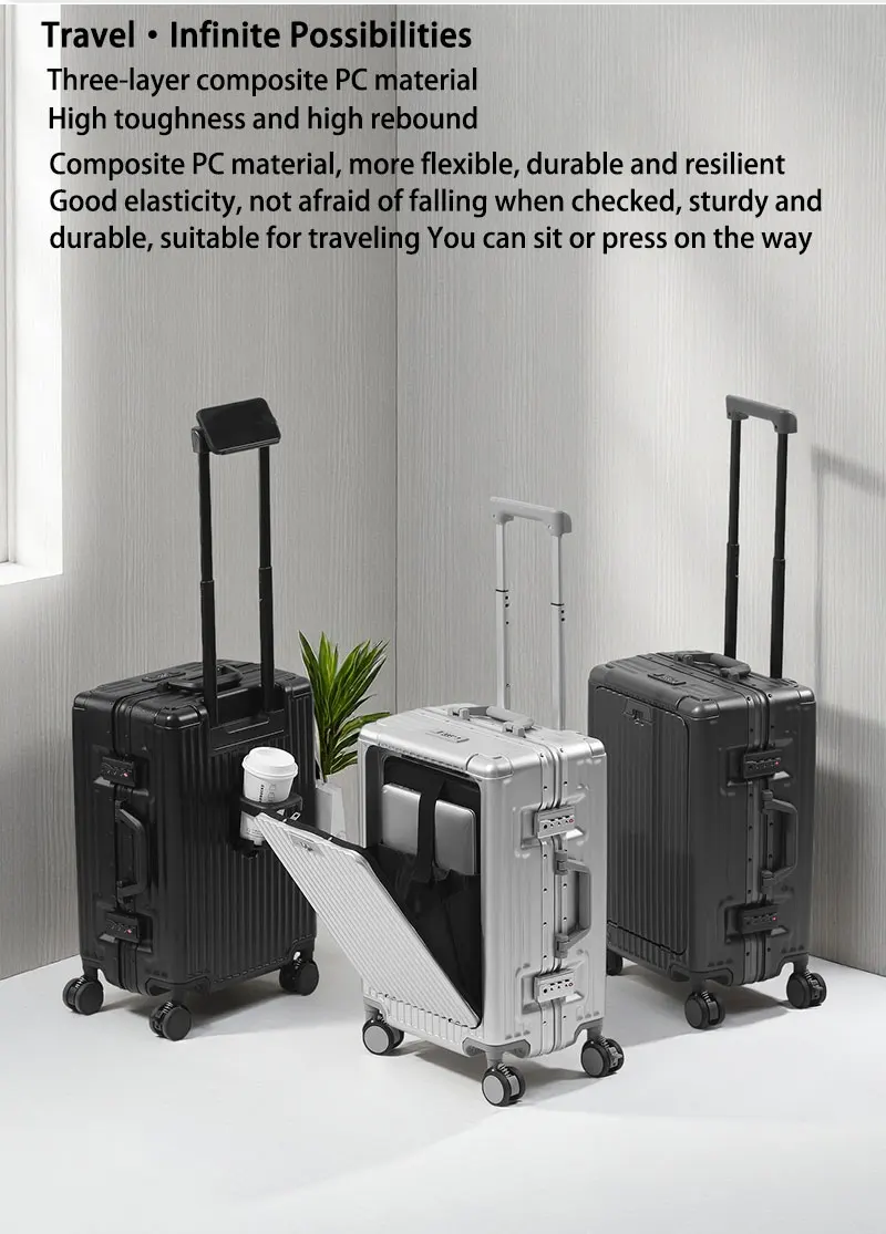 BunyFly Aluminum Frame Boarding Laptop Trolley Case 20 Inch Front Opening Suitcase Cabin Luggage Bag