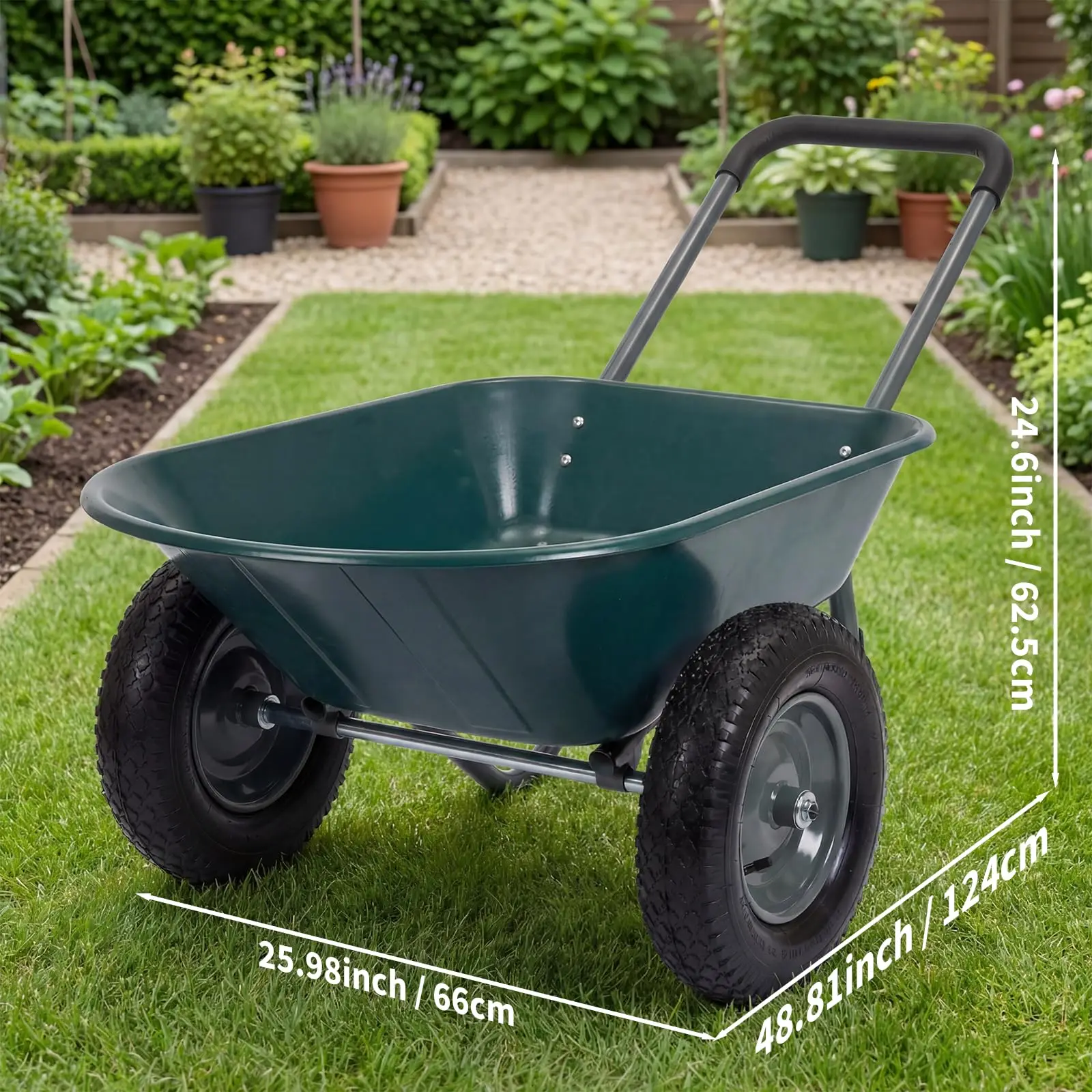 Dual-Wheel Wheelbarrow Garden Utility Cart With Dump Bed, 600 lb Capacity, 48.8 x 26 in Poly Tray, Steel Frame For Yard Lawn Farm Beach