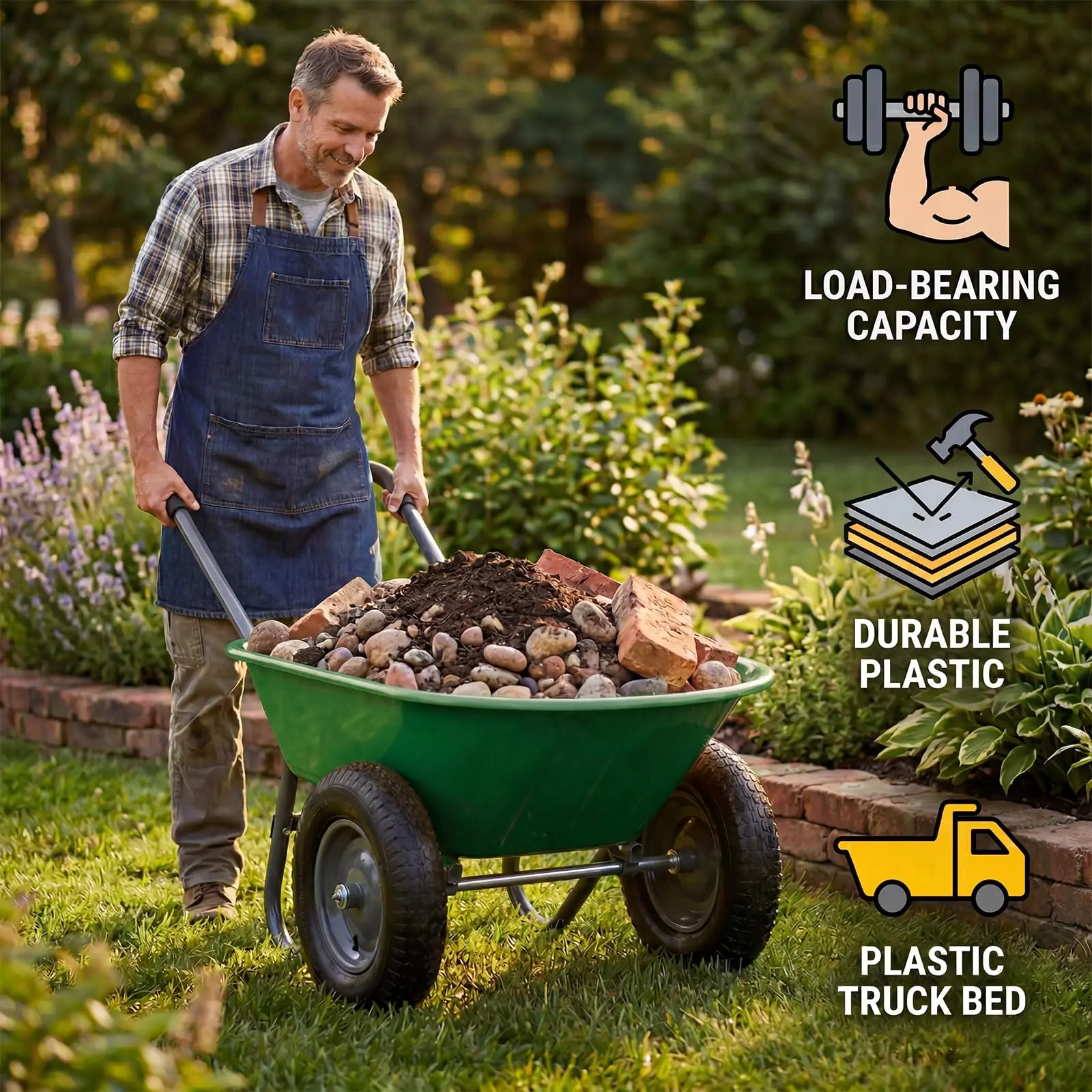 Dual-Wheel Wheelbarrow Garden Utility Cart With Dump Bed, 600 lb Capacity, 48.8 x 26 in Poly Tray, Steel Frame For Yard Lawn Farm Beach