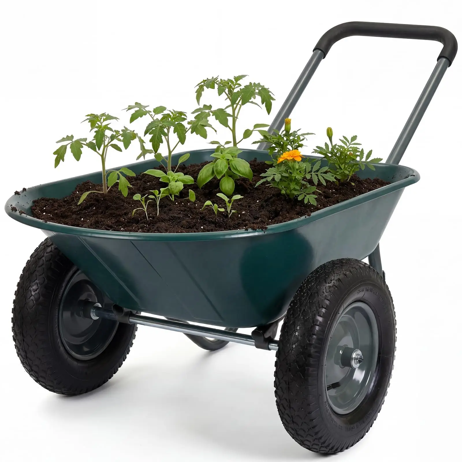 Dual-Wheel Wheelbarrow Garden Utility Cart With Dump Bed, 600 lb Capacity, 48.8 x 26 in Poly Tray, Steel Frame For Yard Lawn Farm Beach
